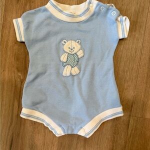 Vintage Blue Bear Embroidered Kids One Piece